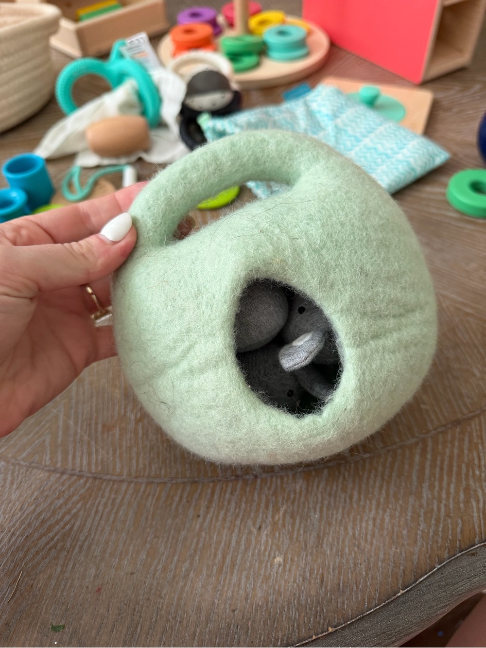 Lovevery Felt Bunnies in a Burrow Handheld Play Pod for Kids - Sage Green